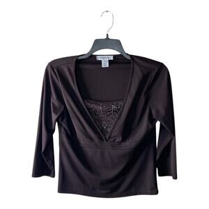 Rena Rowan Vintage Top Blouse Women M 3/4 Sleeves V-Neck Stretch Casual Retro